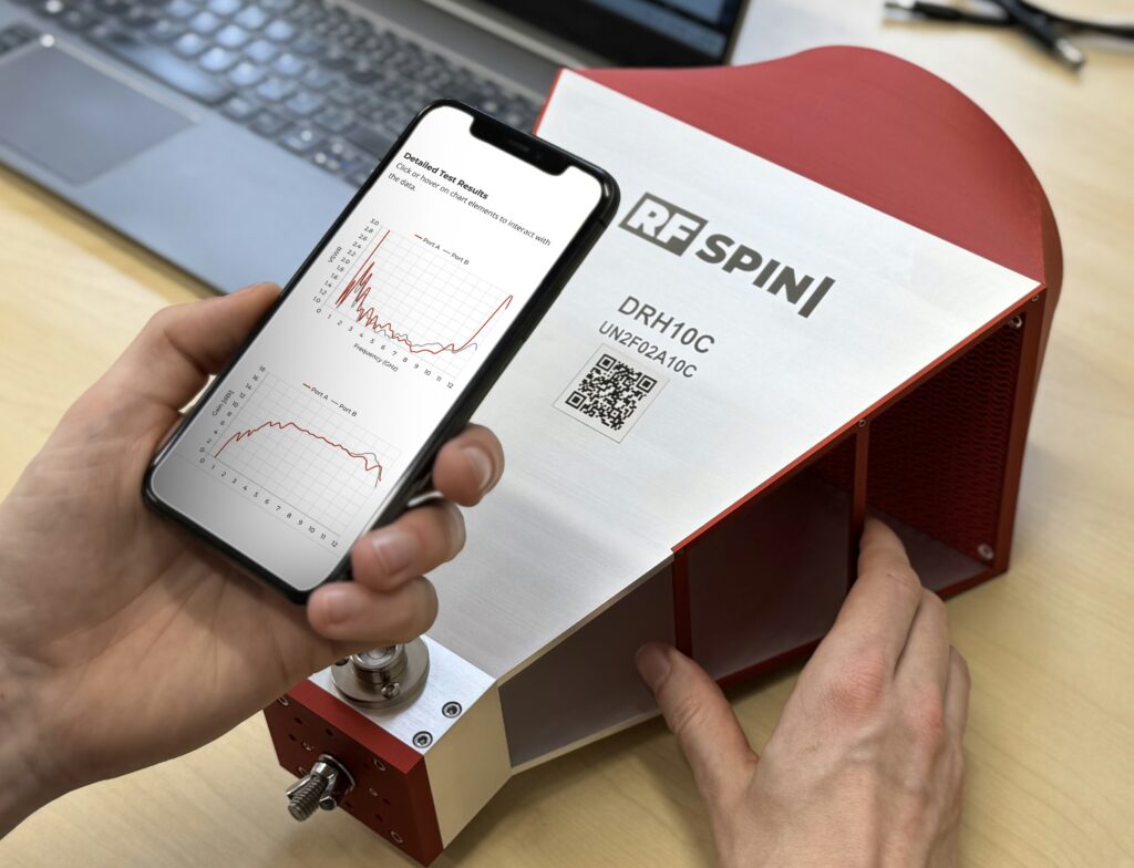 Scanning the Antenna Portal QR code printed on an RF SPIN antenna