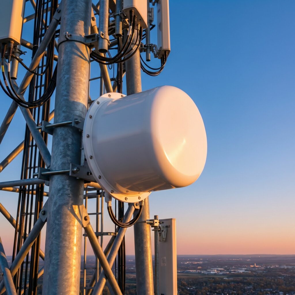 Lens antenna in a radome, deployed outdoors (placeholder photo)
