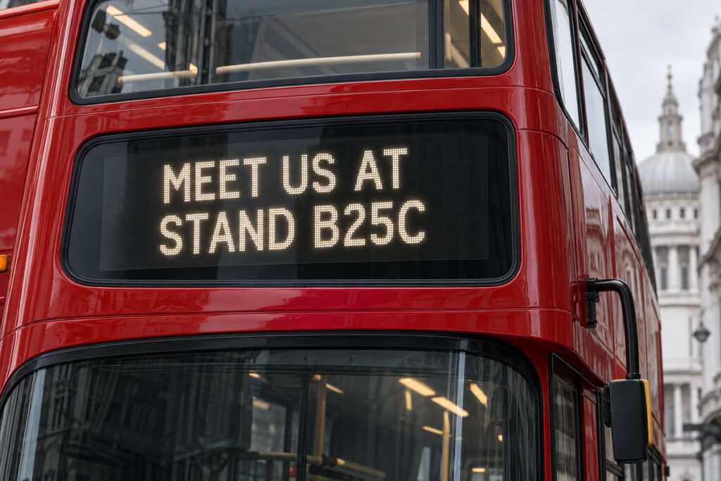 Red London bus with MEET US AT STAND B25C on its destination display