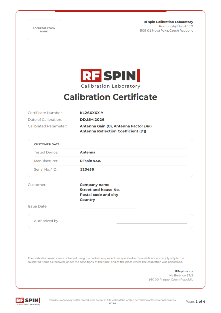 Sample calibration certificate, page 1: certificate number, calibrated parameters, tested device and customer