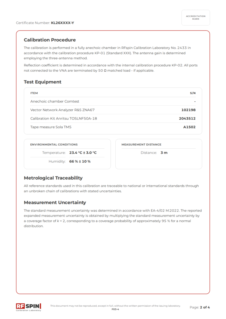 Sample calibration certificate, page 2: calibration procedure, test equipment, environmental conditions, traceability and uncertainty