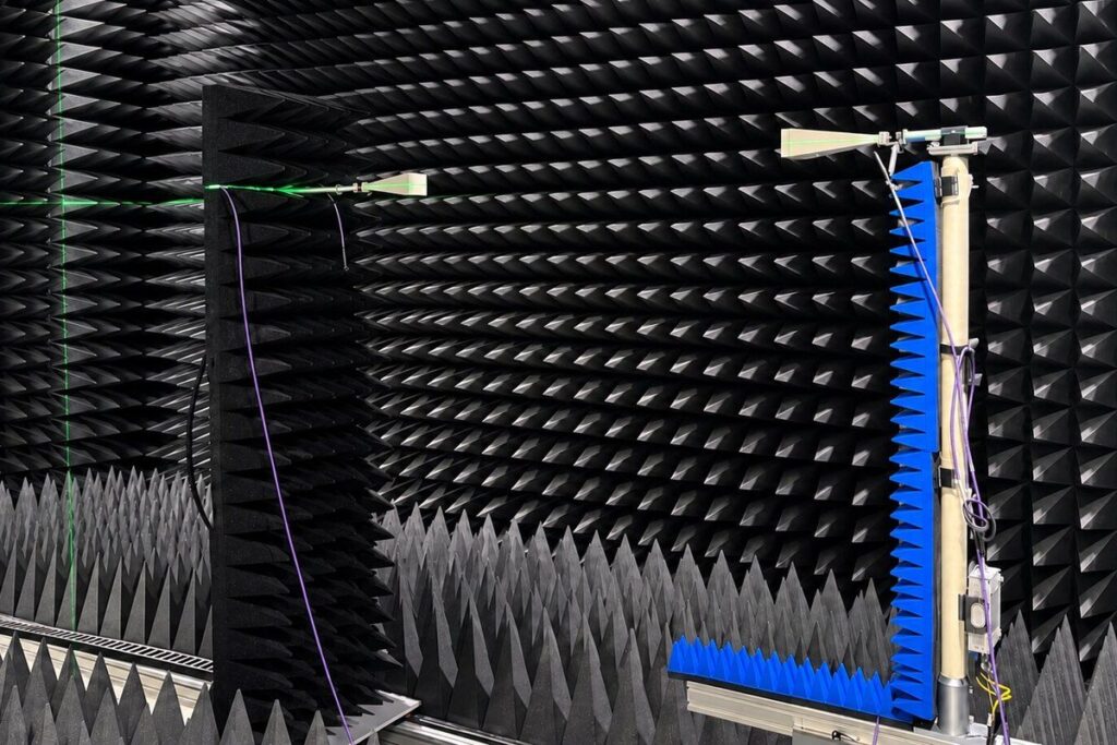 Horn antennas set up for calibration in the anechoic chamber of RFspin Calibration Laboratory