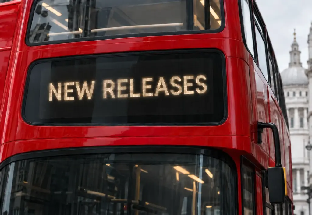 Red London bus with NEW RELEASES on its destination display
